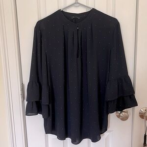 Ann Taylor bell sleeve ruffle navy dot blouse